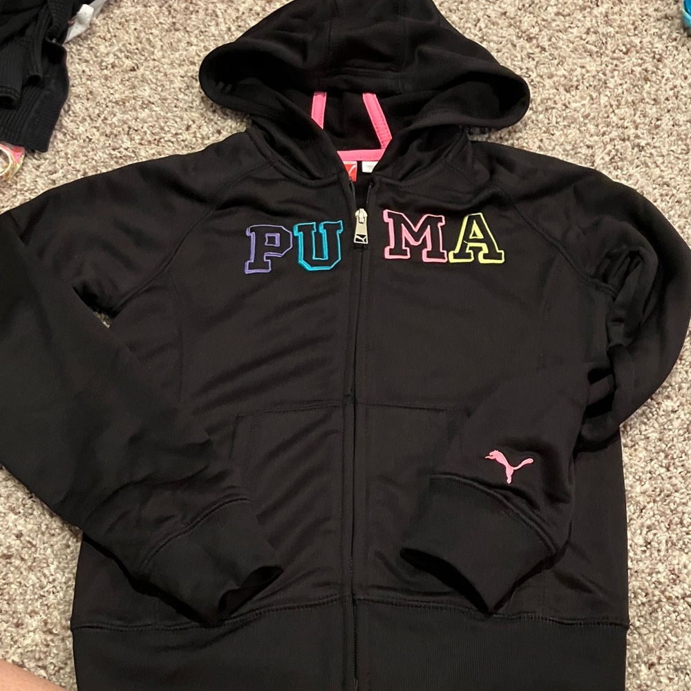 PUMA Girls Black Full Zip-up Hoodie with Multicolor Lettering Size Medium